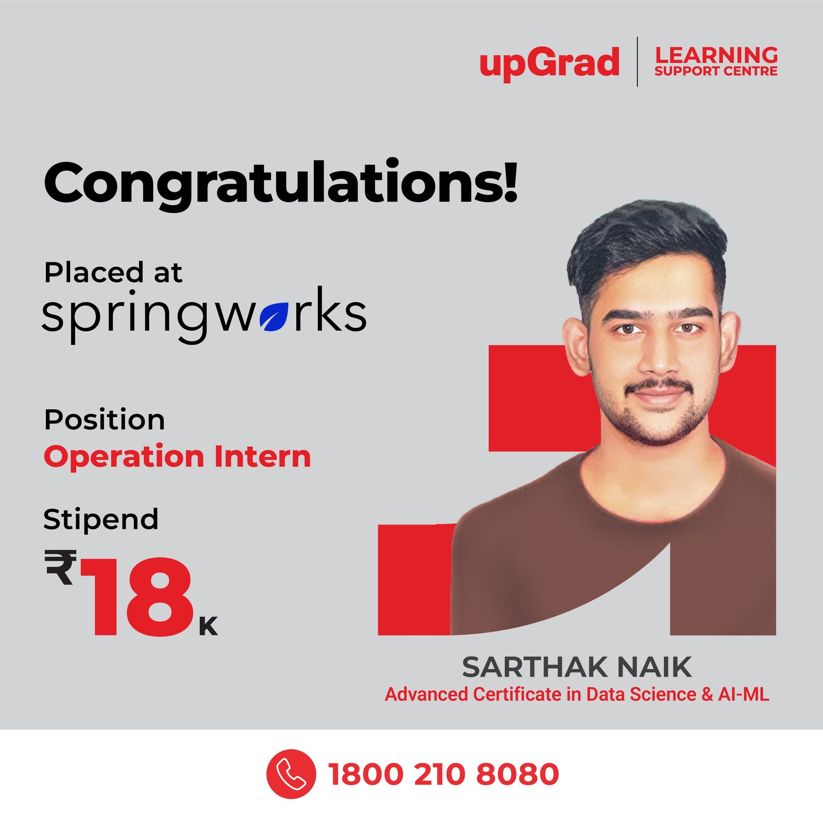 Sarthak Naik placed at springworks as an Operation Intern with a stipend of 18K